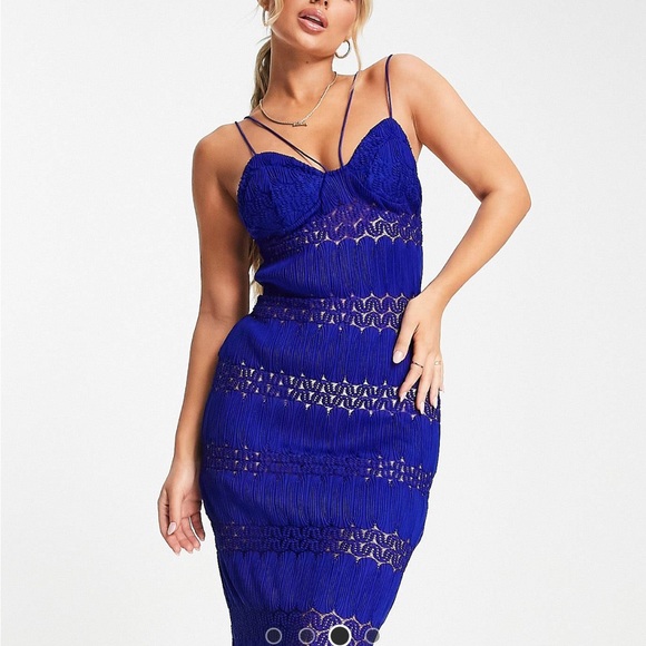 ASOS DESIGN Strappy Lace Paneled Maxi Dress in Rich Blue - Picture 3 of 6